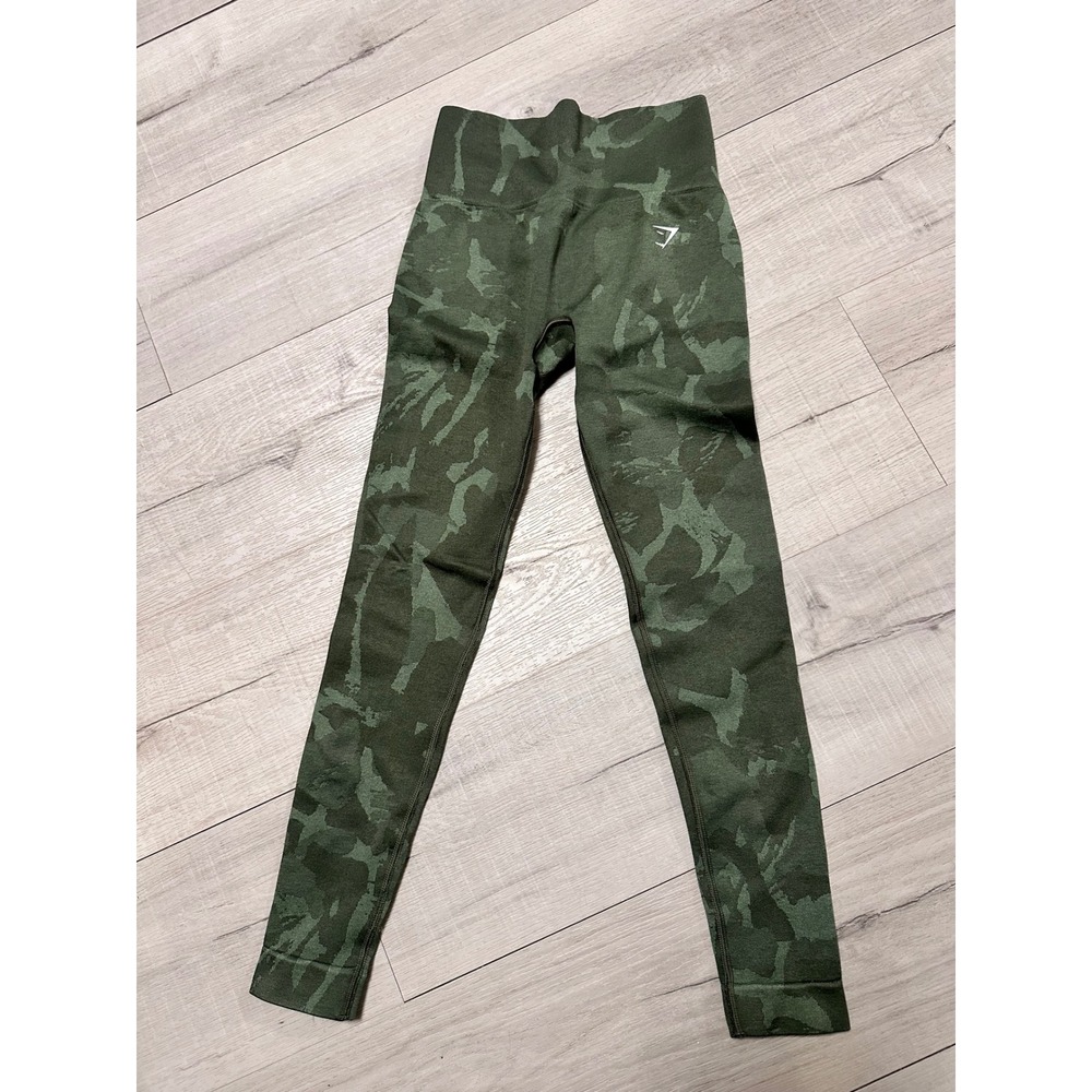 Gymshark Camo Seamless Leggings‎ Womens XS Green Ruched High Waist Athleisure